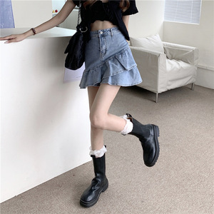 Minigonna in denim da donna a vita alta, modello A-line, <span class=keywords><strong>con</strong></span> orlo a balze, casual e traspirante, perfetta per l'estate - Product Image 4