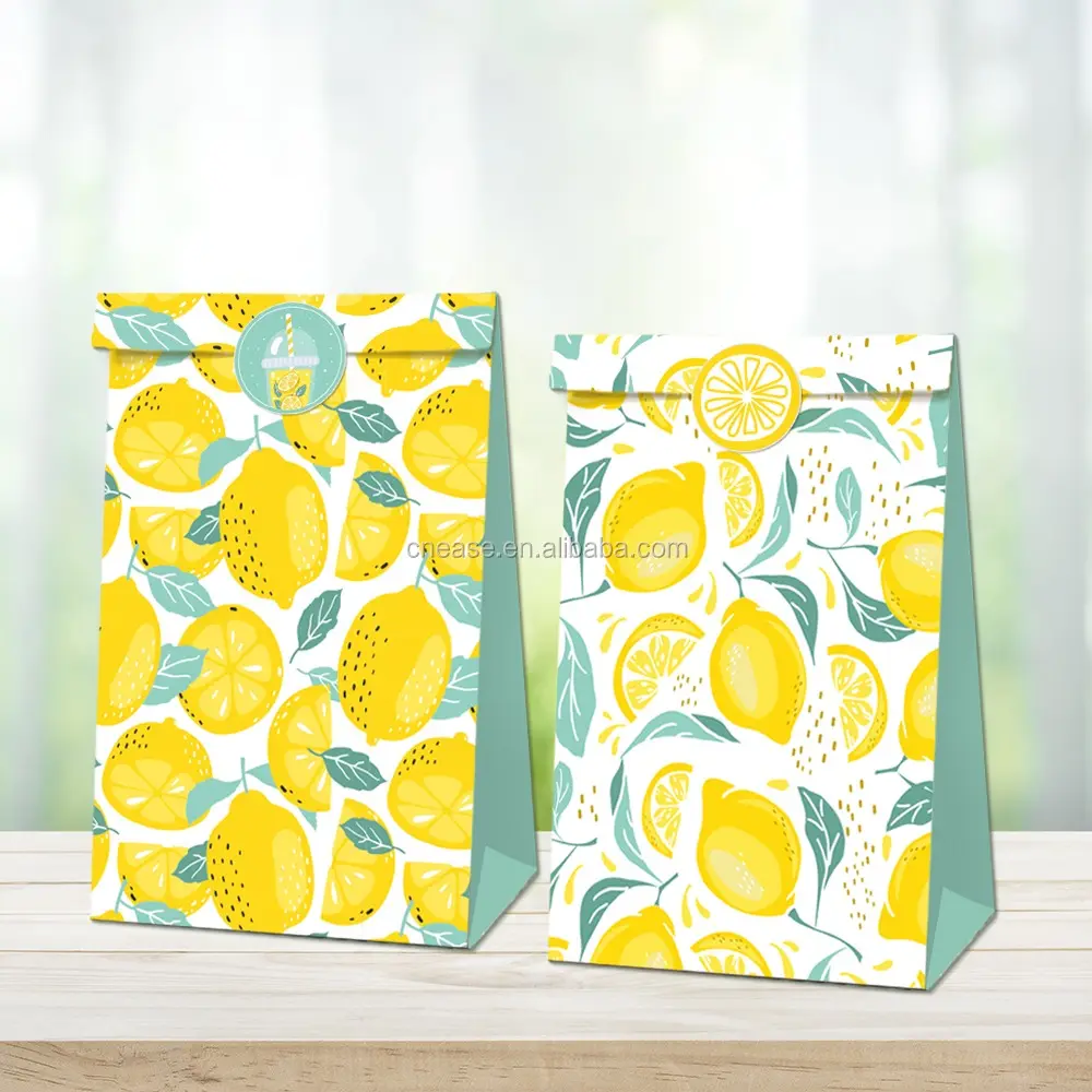 Tas Pesta Lemon Segar, Tas Hadiah Kertas Kraft, Tas Kue Permen untuk Perlengkapan Pesta Ulang Tahun Anak-anak 12 Pak