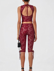 Set di pantaloncini a due pezzi Sexy in maglia con pizzo trasparente trasparente da <span class=keywords><strong>donna</strong></span>, <span class=keywords><strong>abbigliamento</strong></span> da <span class=keywords><strong>donna</strong></span> Sexy in due pezzi Sexy <span class=keywords><strong>retrò</strong></span> - Product Image 4