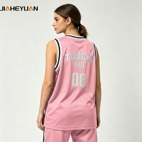 Débardeur Femme Vintage Oversize en Maille Polyester Respirante, Col Côtelé Rayé, Imprimé Sérigraphié Effet Délavé, Style Streetwear Basketball