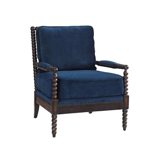 Fauteuil en velours traditionnel avec structure en bois massif, bleu foncé, style antique, siège moelleux, meubles pour salon - Product Image 1