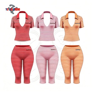 Completo da Vacanza Y2K a Righe, Set 2 Pezzi con Top Corto a V in Cotone e Spandex, Abbigliamento Fitness per Donna - Product Image 1