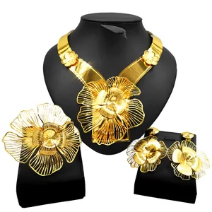 Zhuerrui Flower Collar Big Earring Fashion Jewellery Sets Brass Pakistan Gold Plated Jewelry Set Valentine's Day Gift NH00042