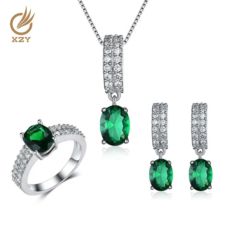 XZY Custom Earing Necklace Set Bridal Wedding Accessories Women Jewelry Emerald Crystal Cz Stone 925 Sterling Silver Earring Set