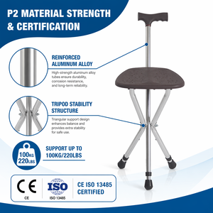 Canne pliante légère et réglable, télescopique, 3 pieds, portable, antidérapante, en caoutchouc, avec siège, canne <span class=keywords><strong>de</strong></span> marche pliable - Product Image 2