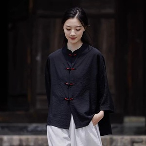 Traditional Chinese Women's Summer Top Navy Blue Cotton Linen Frog Button Loose Fit Tea Dress Sun Protection Air Conditioning - Product Image 4