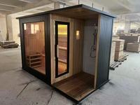 Sauna Exterior Moderna Tipo Cubo para 4-6 Personas con Terraza, Sauna de Vapor de Madera de Cedro Rojo con Pared de Vidrio Panorámica para Jardín