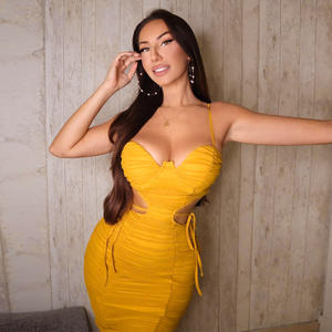 Gaun Malam Berkualitas Tinggi, Gaun Halter Bodycon Seksi Berlipit Midi untuk Pesta Malam, Gaun Bola Alami Warna Kuning untuk Wanita - Product Image 1