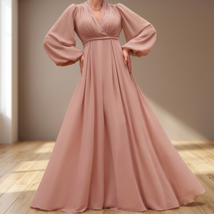 Robe de Demoiselle d'Honneur Haut de Gamme Élégante pour Femme, Col V Empire, Volants Plissés, Longueur Ras du Sol, Manches Lanterne, Taille Cintrée, en Chiffon Délicat Évasé - Product Image 3