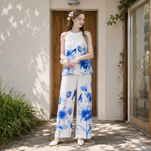 Conjunto <span class=keywords><strong>Blanco</strong></span> Floral para Mujer, Top Halter con Estampado Floral y Pantalones Anchos, Conjunto de Dos Piezas para Verano - Product Image 2