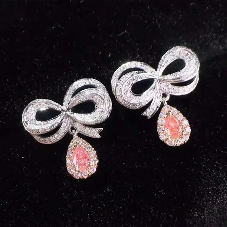 Perhiasan Berlian Pernikahan Eropa 18K Emas 0.205/0.17ct Anting Kancing Berlian Merah Muda untuk Wanita