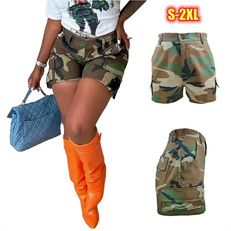 New Women Camouflage Short Pants High Waist Pockets Cargo Shorts Lady Casual Summer Overalls Pants