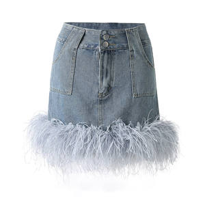 Gonne corte in Denim a vita alta Design personalizzato da donna minigonne in Denim <span class=keywords><strong>con</strong></span> rifilatura di <span class=keywords><strong>piume</strong></span> di struzzo - Product Image 1