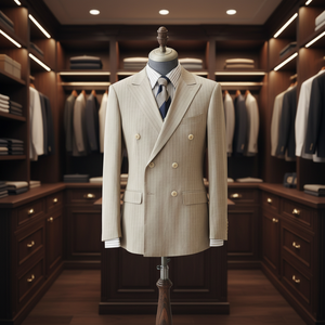 Blazer da Uomo Beige a Righe Sottili in Poliestere <span class=keywords><strong>Doppiopetto</strong></span> Vestibilità Sartoriale Retrò per Abbigliamento Business <span class=keywords><strong>Estivo</strong></span> e Pendolarismo - Product Image 1