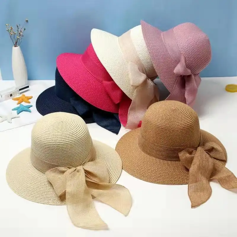 Пользовательские модные солнцезащитные шляпы с широкими полями и бантом дизайн соломенная шляпа Кепка для женщин