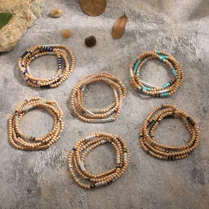 Gelang manik-manik kayu kecil multilapis etnik Boho untuk pria wanita gelang buatan tangan Bohemian antik perhiasan Aksesori kalung