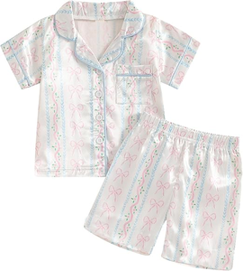 GSSO3144 Tenues personnalisées pour petites filles actives, imprimé nœuds violets et rouges, manches courtes, ensembles pour enfants en gros - Product Image 3