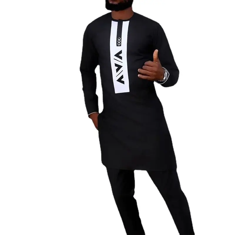 Ensemble 2 pièces chemises + pantalon en coton imprimé pour homme, manches longues, style ethnique africain, décontracté, noir, printemps et automne