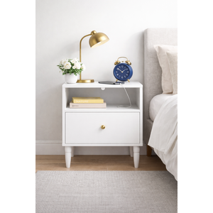 Modern White Nightstand With <b>Drawer</b> And Open Shelf Gold Knob Solid Wood Legs Small Bedside Table <b>For</b> Bedroom - Product Image 2