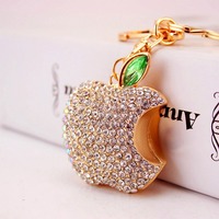 Gantungan Kunci Carabiner Unisex Promosi Mewah Berhias Rhinestone dari Paduan Seng dengan Sablon Desain Apel Lucu