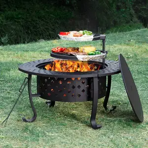 Benutzer definierte 36 Zoll Metall runden Tisch Holz verbrennung mit 2 Grill und Deckel Feuerstelle für Hinterhof Patio Garten Picknick Camping Lagerfeuer