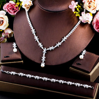 Ensemble de bijoux de mariage en cristal CZ plaqué argent, 3 pièces, pendentifs en forme de fleur, collier, bracelet et boucles d'oreilles pour femmes