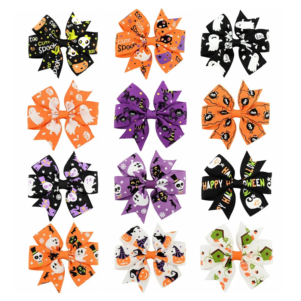 3 ''nastro in Grosgrain Halloween Pumpkin Ghost Hair Bows accessori per fermagli per capelli in coccodrillo