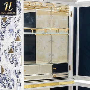 Servicio Rápido de Diseño 3D <span class=keywords><strong>Portugal</strong></span>: Aparador de Lujo con Pintura Artística Azul y Blanca, Madera Maciza Pixelada y Metal para Sala de Estar, Mueble para Vinos - Product Image 3