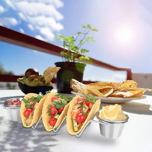 Venta al por mayor Mexican Upgrade Pancake Shell Acero inoxidable Taco Stand Up Holders con juego de tazas de Salsa - Product Image 6
