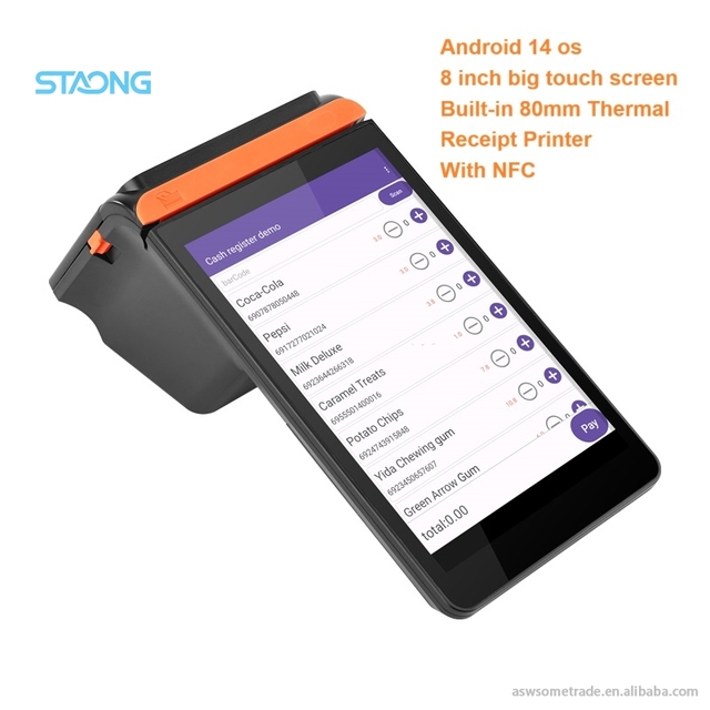 8 Inch Touch Screen Android 14 Handheld All-in-One POS Terminal with 80mm Thermal Receipt Printer NFC Bluetooth & USB
