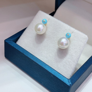 Soft Lovely Bright Polished 18K Solid Gold Akoya Saltwater Pearl Ear <b>Studs</b> Embellished With Natural Peridot Blue Topaz - Product Image 4