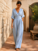 Combinaison ample bleu clair pour femme Joydressing, col en V, manches chauve-souris, taille haute, tenue une pièce