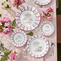 Assiettes en céramique roses peintes à la main avec motif palmier, ensemble de vaisselle pour mariage à la plage, dîner à la maison, décoration de table de fête