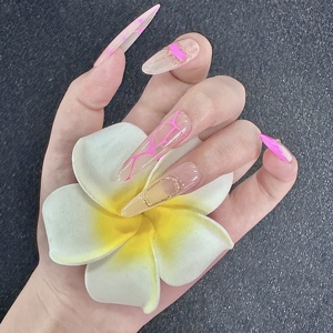 Faux ongles longs à presser effet stiletto, <span class=keywords><strong>rose</strong></span> nude, avec décoration française et ligne néon <span class=keywords><strong>rose</strong></span>, pour femme, idéal pour les soirées – Direct Usine - Product Image 2