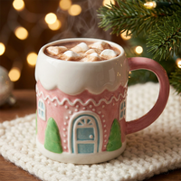 Mug en céramique rose pastel en forme de maison de pain d'épices, avec toit en glaçage blanc gaufré et mini sapin vert, tasse à chocolat chaud de Noël pour les fêtes