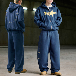 KingSen Custom Silk Screen Print Logo 100% Cotton 450gsm Winter Breathable Zip-Up Hoodie Sweatpants <b>Set</b> Men's Streetwear - Product Image 1