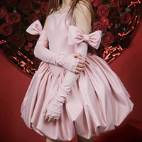Gaun Pesta Anak Perempuan Model Cold Shoulder dengan Hiasan Pita Merah, Gaun Formal untuk Pertunjukan Piano, Ulang Tahun, dan Makan Malam