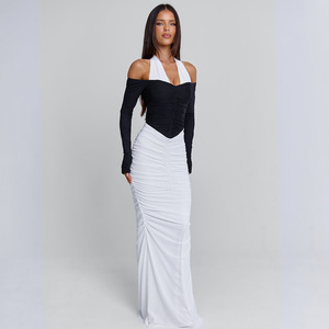 ชุดราตรีคอเชือกผูกคอสีตัดต่อ ทรงยาว เปิดหลัง กระชับเอว ชุดออกงานสำหรับผู้หญิง - Product Image 2