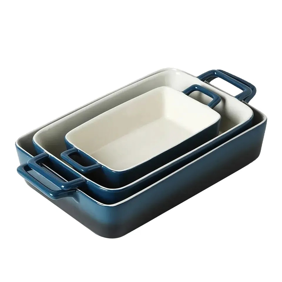 OEM Lot de 3 plats de cuisson en céramique Moules à lasagne Rectangle bleu Grès Ustensiles de cuisson avec poignées Ensembles de plats de cuisson Vente en gros Céramique