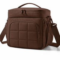 Sac à déjeuner isotherme pliable 14L en polyester imperméable léger grand format marron pour femme, sac isotherme souple avec côtés extensibles