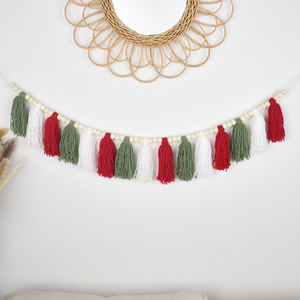 DAMAI <b>Boho</b> Christmas Tassel Garland <b>Wall</b> <b>Hanging</b> Banner with Wood Beads Sage Green and Red for Home Party Baby Shower Decoration - Product Image 1