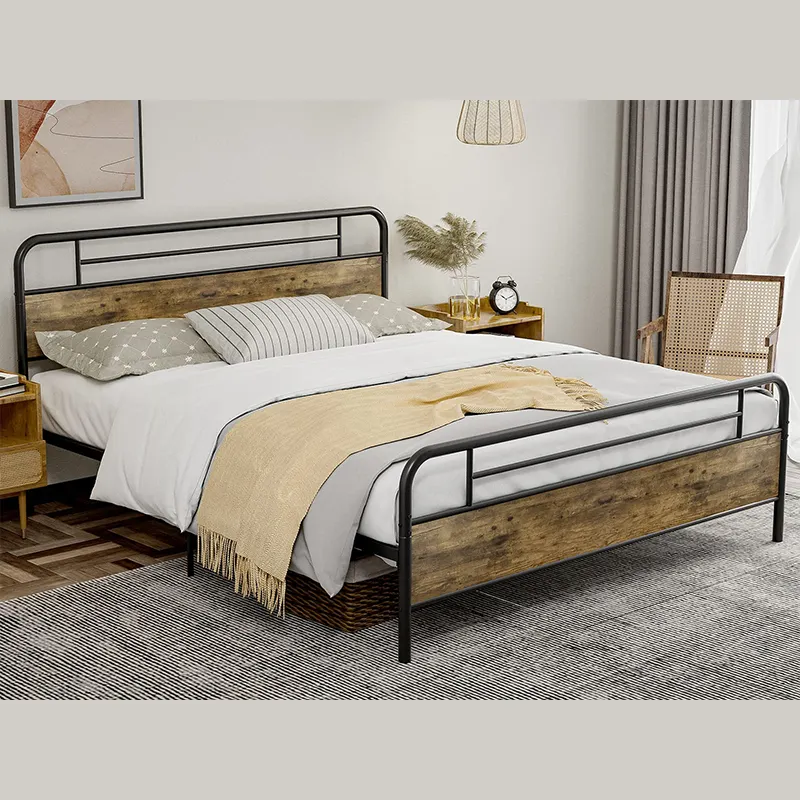 DB380 Modern Wood Headboard King Size Bed Frame Frosted Iron Frame Full Size Platform Double Bed With 12" Under Bed Storage