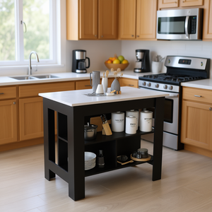 Isola da Cucina Cala con Quattro Gambe, Tre Ripiani, Piano in Marmo Ibiza Nero, Stile Moderno, Carrello per Cucina - Product Image 2