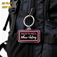 Porte-clés en acrylique rose et noir « Back to Hell Where I Belong », pendentif rectangulaire audacieux avec polices variées, anneau métallique pour clés et sacs