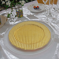 Assiettes de présentation dorées rayées en bambou de 13 pouces, assiettes de dîner polies en plastique acrylique moderne de luxe pour les fêtes scolaires