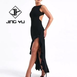 Summer Luxury Elegant Dress <b>Black</b> Double Frill Detail Slit Double Layer Ruffle <b>Skirt</b> OEM100% Rayon Voile <b>Maxi</b> Dress - Product Image 4