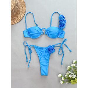 Nieuwe Tweedelige Effen Kleur Bikini 3d Bloem Badpak Push Up Sexy Bikini Set - Product Image 4