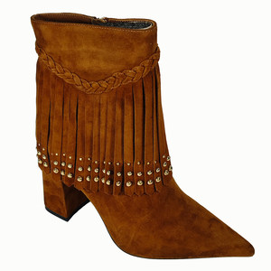 Bottines Western en Daim Marron pour Femme à Talon Haut, Style Bohème avec Pompons et Clous Dorés, Imperméables, Confortables, Fermeture Éclair, Tendance Automne - Product Image 1