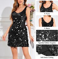 Robe de soirée élégante pour femme, taille empire, à sequins, scintillante, col en V, sans manches, antistatique, coupe droite, motif floral, en polyester