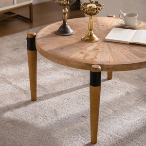 36.22" <b>Round</b> Radial Grain Modern Solid Wood & MDF <b>Coffee</b> <b>Table</b> with <b>Black</b> Accent Legs-Living Room Decorative Furniture - Product Image 3